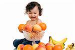 Baby with fruits,isolated on a white background.