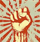 Vector illustration of clenched fist held high in protest on the red grunge urban background
