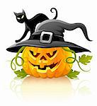 frightful halloween pumpkin in black hat with cat - vector illustration