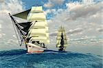 Two tall clipper ships navigate the rough waters of the open sea.