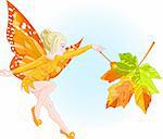 A young fairy with a magic wand coloring autumn leaf. All objects are separate groups