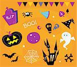 Retro halloween icons and graphic elements isolated on orange background. Vector Illustration.