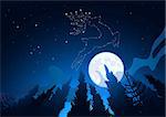 A Clear moonlit winter sky reveals star constellations including a reindeer. Vector illustration