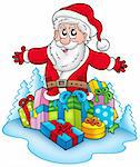 Happy Santa Claus with pile of gifts - color illustration.