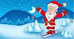 Landscape with skiing Santa Claus - color illustration.
