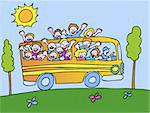Kids taking a fun bus ride tour on a beautiful day.