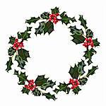 Holly leaf sprigs with red berries forming a circular wreath, over white background.