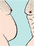 Profile view of two male torsos fat and muscular.