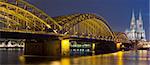 Night panoram of Cologne Cathedral and railway bridge over river Rhine