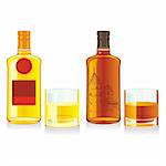 fully editable vector illustration of isolated whiskey bottles and glasses