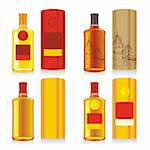 fully editable vector illustration of isolated whiskey bottles and boxes