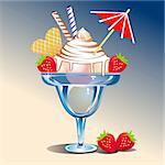 Icecream sundaes in a glass with strawberries. Full scalable vector graphic.