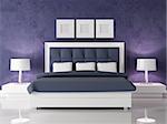 fashio white and navy blue bedroom against dark purple stucco wall - rendering