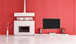 contemporary fireplace with lcd tv and speaker in a red lounge