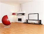 white minimal living room with fireplace fashion armchair and home tv equipment - rendering