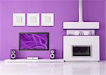 contemporary fireplace with lcd tv and speaker in a purple lounge -- the image on screen is a my photo