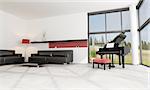 luxury living room with black grand piano - rendering - the image on background is a my photo