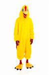 Man dressed in a chicken suit - full body isolated on white.  Perfect for mascot.