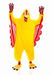 Man in a chicken suit with his hands up like he's cheering.  Full body isolated on white.