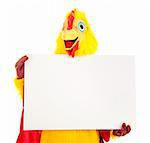 Man in a chicken suit holding up a blank sign, ready for your text.  Isolated on white.