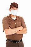 Delivery man wearing flu mask.  Isolated on white.