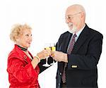 Beautiful senior couple making a toast with champagne.  Isolated on white.