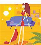 Sexy woman is cleaning household with vacuum cleaner. Lifestyle vector illustration in retro style.