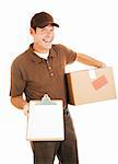 Happy delivery man holding a package and a clipboard with a message for you.  Isolated on white with blank space.