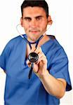 Young doctor examining with a stethoscope