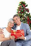 Senior couple holding a Christmas present at home