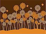 Vector illustration of orange and brown retro flowers and butterflies on a dark brown background