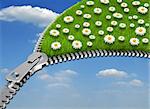 Zipper openning a flower field on sky background - 3d renderd and composite