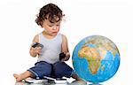 Child with thelefons und globe,isolated on a white.