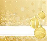 The white snowflakes on top and bottom of the golden background decorated with balls