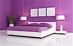 minimal purple bedroom with white  double bed