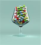 Wine glass filled with antibiotic pills - 3d render