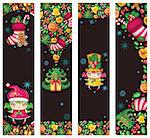 Christmas paper backgrounds with Christmas symbols: Santa Claus, holly, bag full of presents, bell, gingerbread cookie, Christmas stocking, star. With space for your text, on wooden texture.