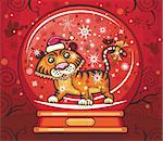 Cute friendly tiger, wearing Santa cap, with candy cane tale. Inside of the snow-dome. 2010 is the Year of the tiger according to the Chinese Zodiac.