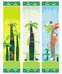 African jungle banners set with palm trees, monkey, snake, birds. With space for your text.