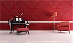 grand piano in a red living room with leather armchair and modern floor lamp