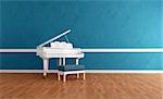 white grand piano in a blue room - rendering