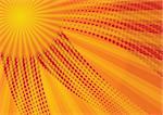 Abstract hot summer background with orange sun rays and halftone effect