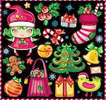 Vector set of Christmas design elements: Santa helper girl, Santa bird, Christmas tree, gift box with bow, christmas bells, holly, star, gingerbread man, candy cane, christmas decoration, apple, shopping bag full of Christmas presents. Isolated on black background.