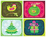 Christmas greeting cards, with Santa Bird, Christmas tree,present and Christmas decoration