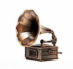 Old bronze Phonograph over white background. Isolated