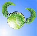 3D globe icon with green wings and blue background.