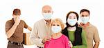 Family wearing surgical masks to protect from an epidemic, as a delivery man with the flu approaches.  Banner isolated on white.