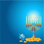Jewish festival of Hanukkah/Chanukah Background, including Menorah, dreidls/sevivot and Hanukkah Gelt