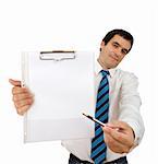 Businessman with notepad and pen showing you where to sign - isolated