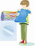 Cartoon image of person folding laundry.